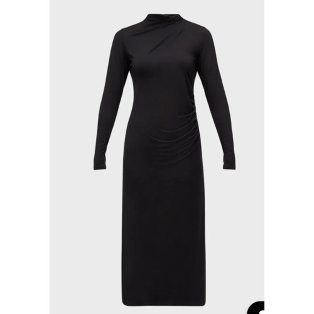 Vince Long-Sleeve Ruched TurtleNeck Midi Dress Sz Medium Black Rayon